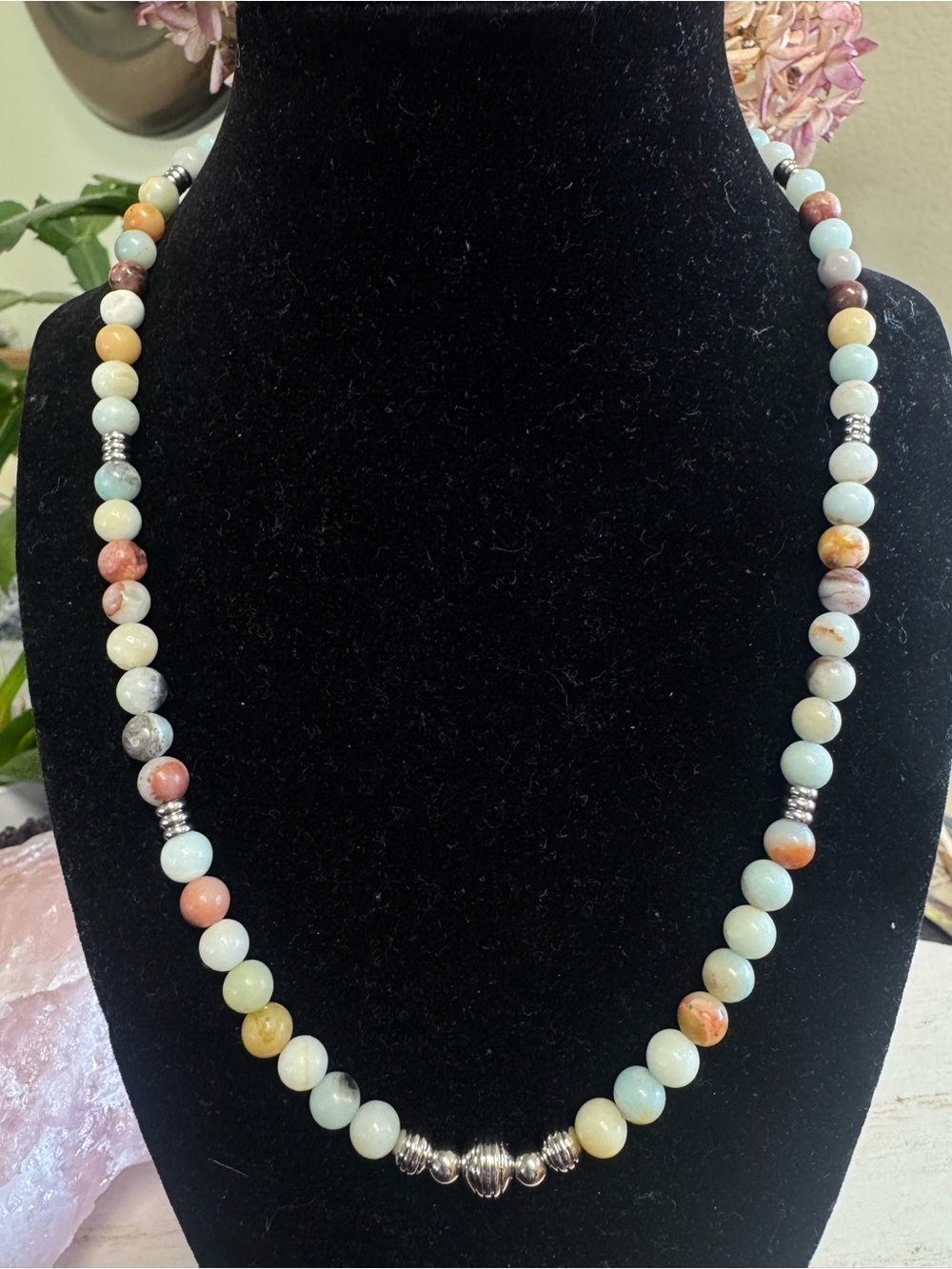 19” Multi-Color Amazonite Bead Necklace w/ Stainless Steel Accents - Handmade